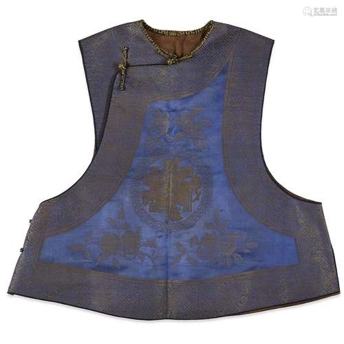 A Chinese purplish-blue and gold silk brocade sanduo ladies vest, qing dynasty