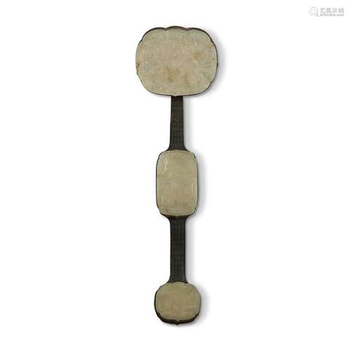 A Chinese carved grey-white jade and wire-inlaid wood ruyi scepter, Qing dynasty