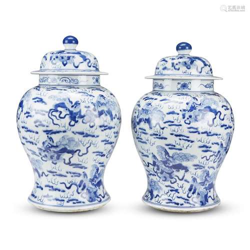 A pair of large Chinese blue and white porcelain jars and covers, late qing dynasty