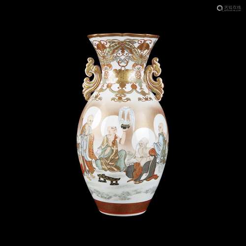 A finely-painted Kutani porcelain Rakan vase with scrolled handles,