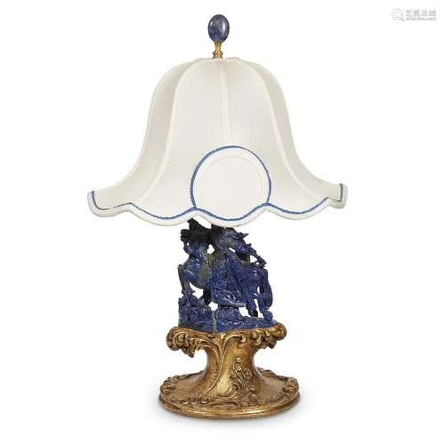 A Chinese carved lapis lazuli figure of an equestrian warrior, mounted as a lamp in the manner of E. I. Farmer,