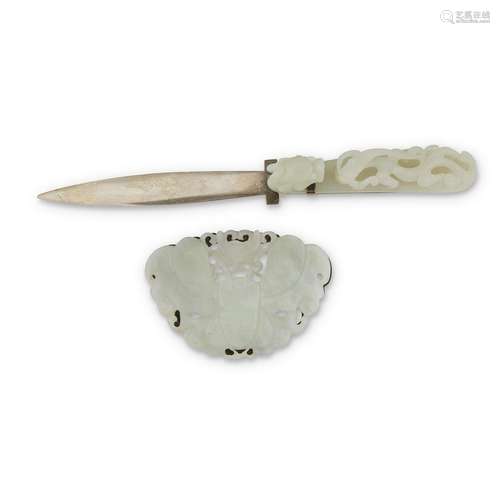 A Chinese white jade Dragon belt hook and Chinese white jade butterfly plaque,