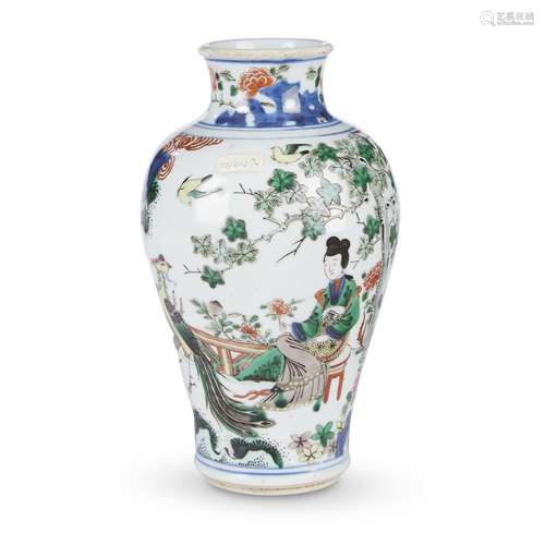 A Chinese wucai-decorated porcelain small Meiren and Phoenix baluster vase,