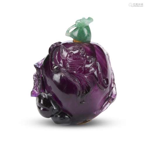 A Chinese carved amethyst Bat and Peach snuff bottle,