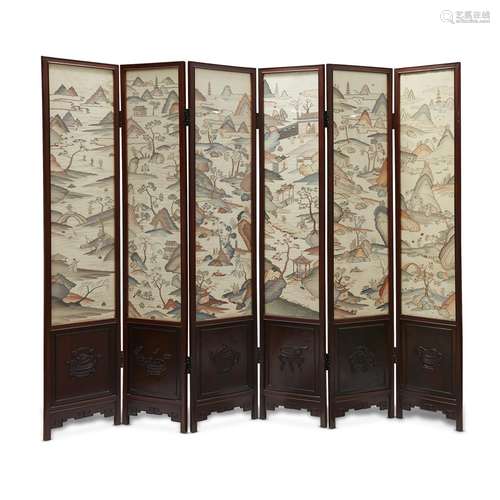 A Chinese kesi six-panel 'landscape' folding screen, late qing dynasty