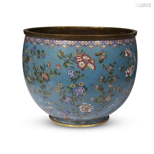 A Chinese cloisonne large cache pot decorated with floral sprays on turquoise fret ground, De Cheng, Beijing, 19th/early 20th century