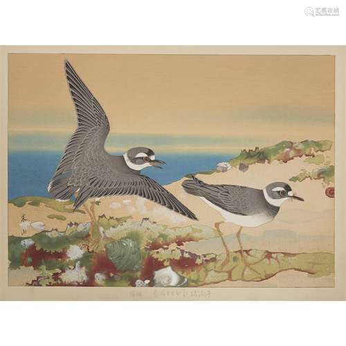 RAKUSAN TSUCHIYA (1886-1976), WEEPING CHERRY AND JAPANESE BUSH WARBLER (MID SPRING), AND PLOVERS, TWO WORKS