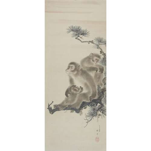 JAPANESE SCHOOL, PROBABLY 19TH CENTURY, THREE MONKEYS ON A PINE BRANCH