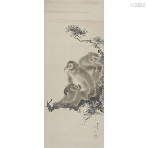 JAPANESE SCHOOL, PROBABLY 19TH CENTURY, THREE MONKEYS ON A PINE BRANCH