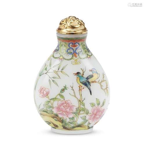 A Chinese enameled white glass Birds and Flowers snuff bottle, Qianlong mark,