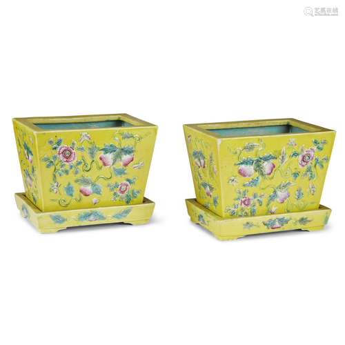 A pair of Chinese floral-decorated yellow-ground rectangular planters and stands, impressed six-character qianlong mark