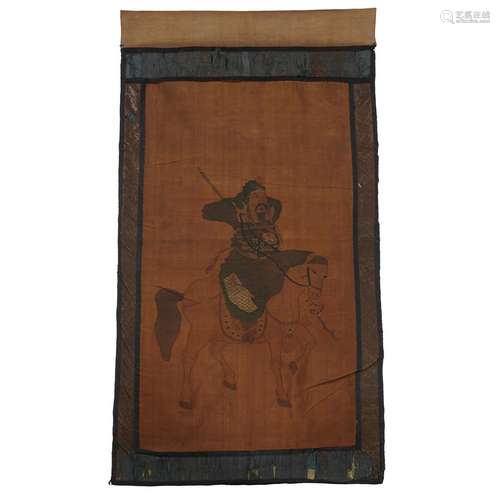 A Chinese kesi tapestry panel: Mounted Warrior, possibly Guandi, qing dynasty