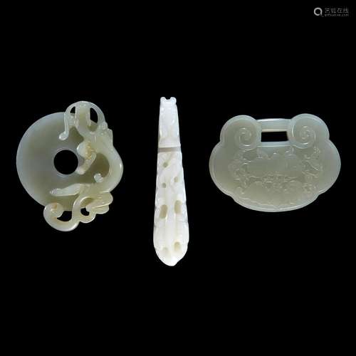 Two Chinese celadon jade items, and a white glass belthook, qing dynasty