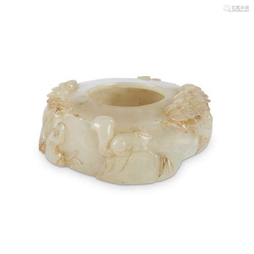 A Chinese speckled white jade pine and squirrel brush washer,