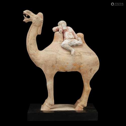 A Chinese painted pottery figure of a camel and a rider, Possibly Tang Dynasty