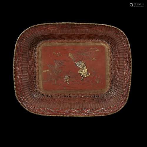 A Japanese patinated, mixed metal and wovern wire Shoki and Oni tray, 19th/early 20th century