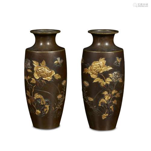 A pair of Japanese mixed metal-inlaid bronze vases, signed kyoto kamagaya zo, meiji period