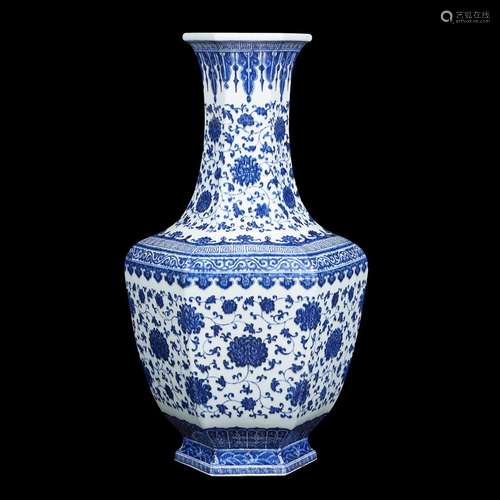 A rare and impressive Chinese blue and white porcelain hexagonal vase, Qianlong six-character mark and of the period