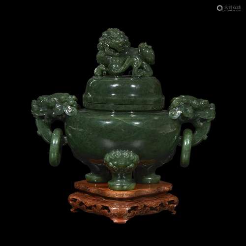 A Chinese spinach green jade tripod censer and cover,