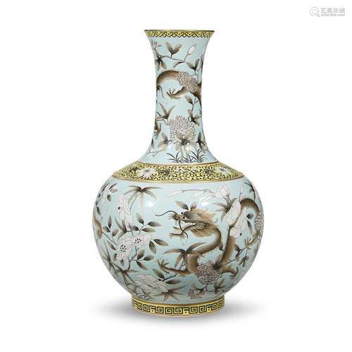 A finely-painted Chinese turquoise-ground porcelain bottle-form Dragon, Hibiscus and Chrysanthemun vase, Late Qing Dynasty