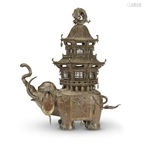 A Japanese patinated and parcel-gilt bronze elephant-form censer, Late 19th/early 20th century