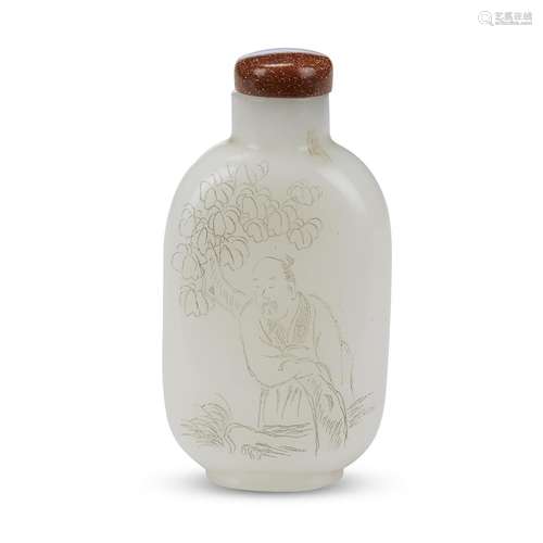 A Chinese white glass snuff bottle, finely incised with a scholar under a tree and calligraphic script,