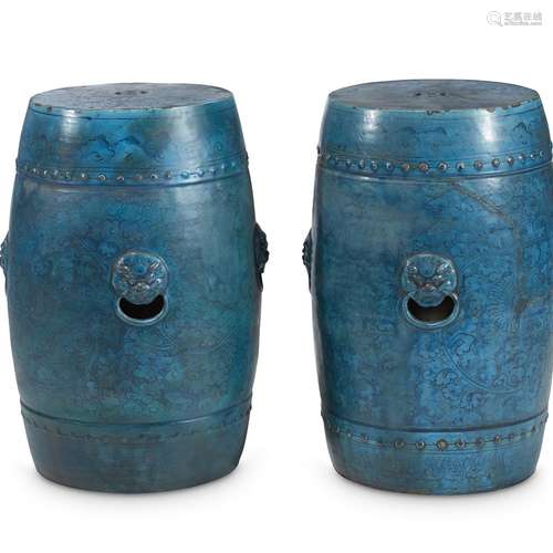 A rare pair of Chinese turquoise-glazed ceramic garden stools, late ming to early qing dynasty