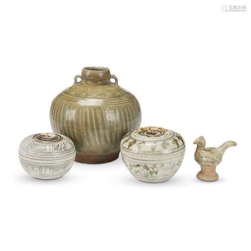 A Thai celadon globular jar, two iron brown-decorated boxes, and a celadon-glazed chicken, Sawankhalok kilns, 14th-16th century