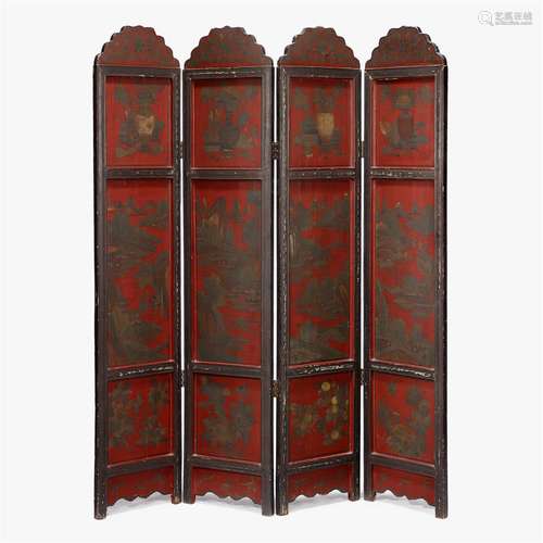 A Chinese lacquered wood four-panel folding screen,