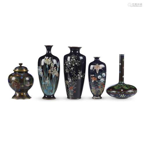 A group of five assorted small Japanese cloisonne vases, Circa 1880-1915