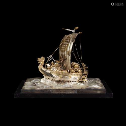 A Japanese parcel-gilt and patinated silver and mixed metals presentation Treasure Ship, circa 1962