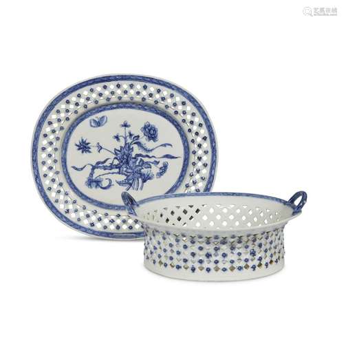 A Chinese export porcelain blue and white decorated reticulated oval basket and stand, late 18th/early 19th century