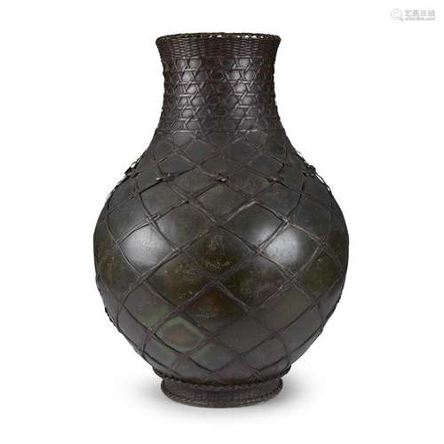 A Japanese patinated bronze vase with woven wire wicker exterior, Late 19th/early 20th century