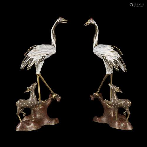 A pair of Chinese cloisonne Crane and Deer groups,