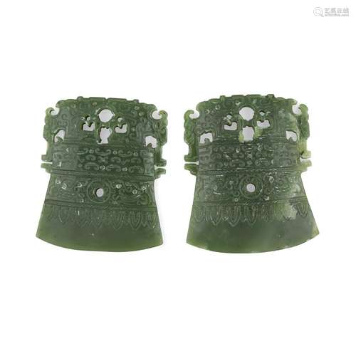 A pair of Chinese dark green jadeite ax-blade plaques,