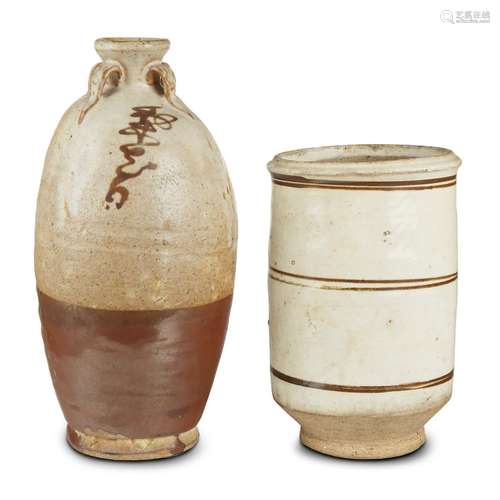 A Chinese Persimmon-glazed ovoid liquor bottle and a Cizhou cylindrical jar, song-yuan dynasty