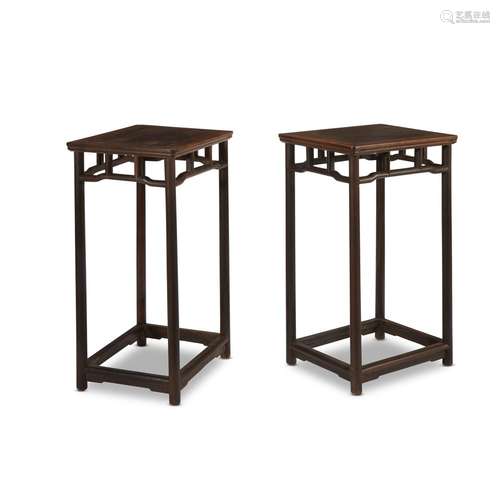 Pair of Chinese huanghuali and hardwood, possibly zitan, square incense stands,, probably 19th century with later alterations