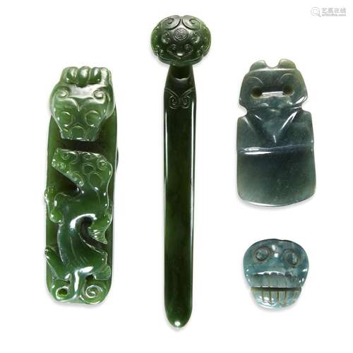 Two Chinese spinach jade items, together with two grey-green hardstone items,