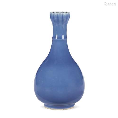 A Chinese sky blue-glazed porcelain garlic bulb-necked vase, Qianlong six-character mark