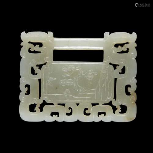 A Chinese greyish-white jade 'figure in a landscape' padlock pendant, possibly 18th century