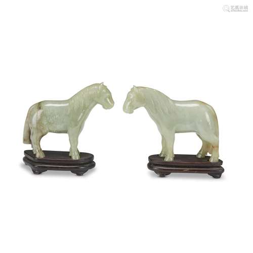 Pair of Chinese carved celadon jade horses,