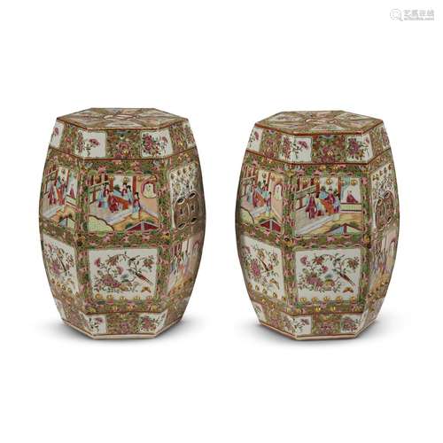 A pair of rose medallion style porcelain hexagon garden seats,