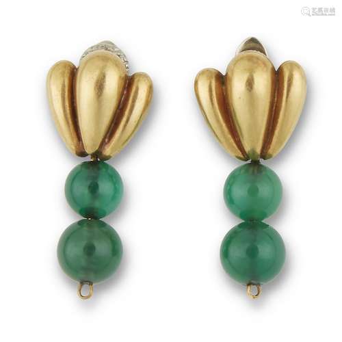 A pair of 18K yellow gold earrings suspending later green hardstone beads, the gold signed Cartier,