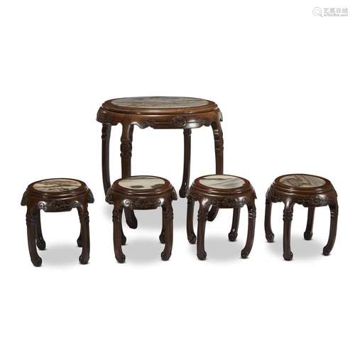 A set of Chinese hardwood, possibly hongmu, and varigated marble circular table and four stools,