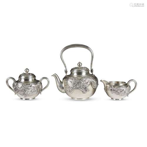 Japanese sterling silver three piece Dragon tea set,