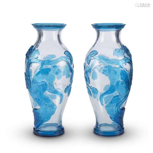 Pair of unusual Chinese turquoise overlay Peking glass vases, decorated with monkeys in pine,