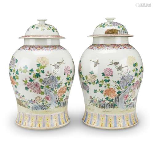 Pair of Chinese famille rose-decorated porcelain covered jars,