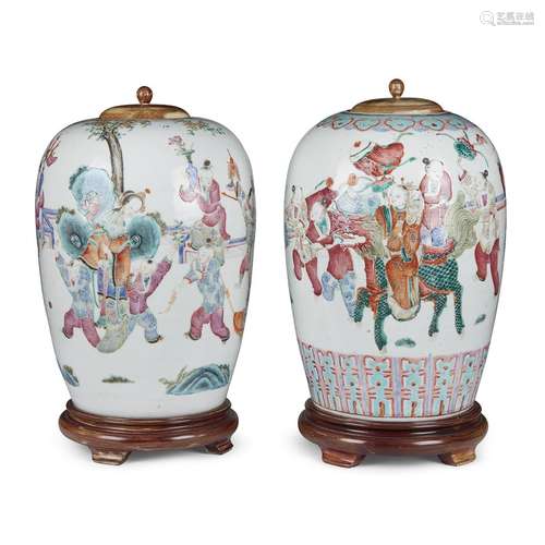 An associated pair of Chinese ovoid jars, decorated with celabrating boys, later wood covers and stands, The porcelain 19th century