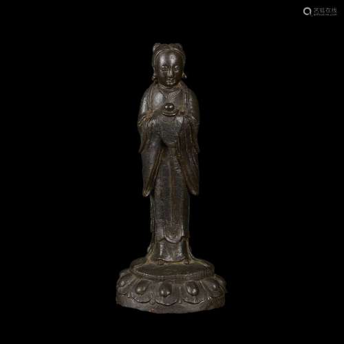 Chinese patinated bronze figure of a standing female attendant, ming dynasty