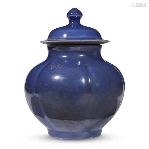 A Chinese blue monochrome lobed jar and cover, 19th century